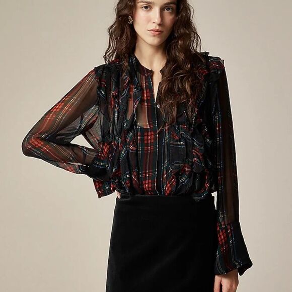 NWT J CREW Ruffle-front top in crinkle cupro in plaid - Picture 1 of 5